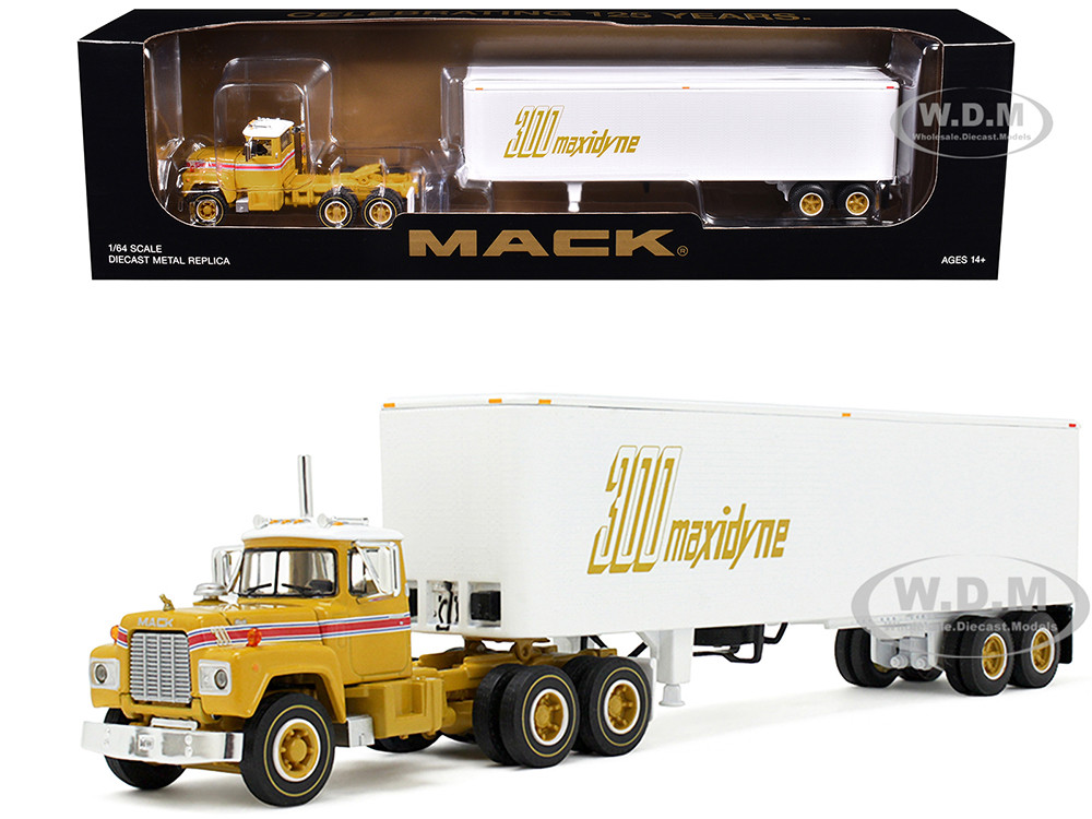 Mack R-Model Day Cab and 40' Vintage Trailer Yellow with Red Stripes and White Top "Mack Anniversary" 1/64 Diecast Model by DCP/First Gear diecast model