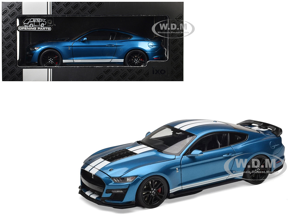 2022 Ford Mustang Shelby GT500 Blue Metallic with White Stripes 1/18 Diecast Model Car by IXO Models diecast model
