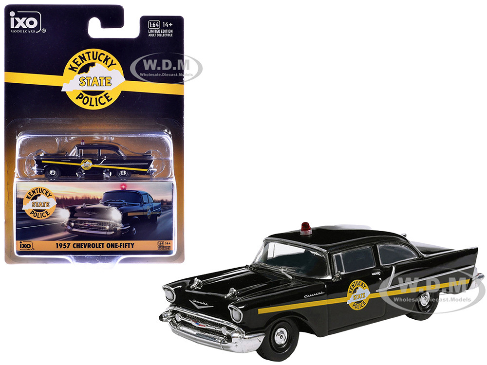 1957 Chevrolet One-Fifty Police Car "Kentucky State Police" Black with Yellow Stripes 1/64 Diecast Model Car by IXO Models diecast model