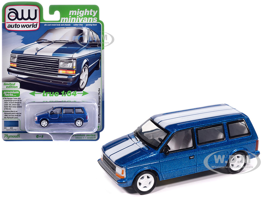 1989 Plymouth Voyager Turbo Van Daytona Blue Metallic with White Stripes and Interior "Mighty Minivans" Series 1/64 Diecast Model Car by Auto World diecast model