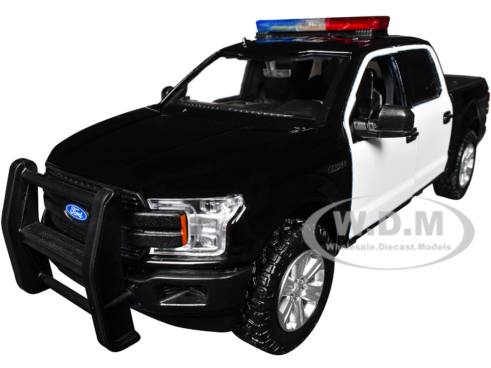2019 Ford F-150 Lariat Crew Cab Pickup Truck Black and White with Flashing Light Bar and Front and Rear Lights and Sounds 1/27 Diecast Model Car by Motormax diecast model