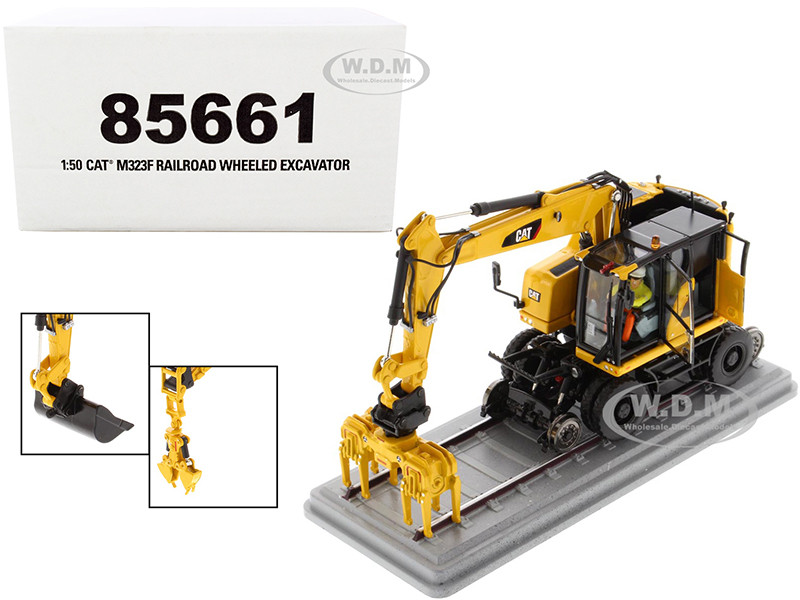 CAT Caterpillar M323F Railroad Wheeled Excavator with Operator and 3 Work Tools Safety Yellow Version "High Line Series" 1/50 Diecast Model by Diecast Masters diecast model