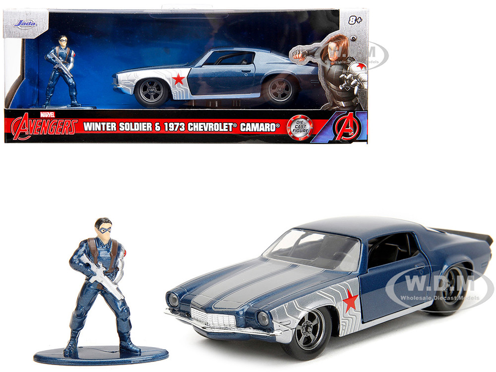 1973 Chevrolet Camaro Dark Blue Metallic with Gray Stripes and Winter Soldier Diecast Figure "Marvel Avengers" "Hollywood Rides" Series 1/32 Diecast Model Car by Jada diecast model