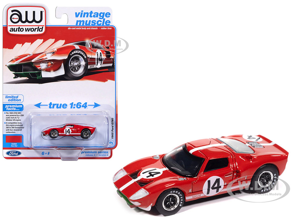 1965 Ford GT40 #14 Red with White Stripes "Vintage Muscle" Series 1/64 Diecast Model Car by Auto World diecast model