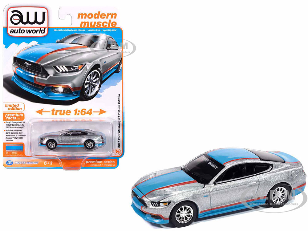 2017 Ford Mustang GT Tribute Edition "Petty's Garage" Ingot Silver Metallic with Petty Blue and Red Stripes "Modern Muscle" Series 1/64 Diecast Model Car by Auto World diecast model