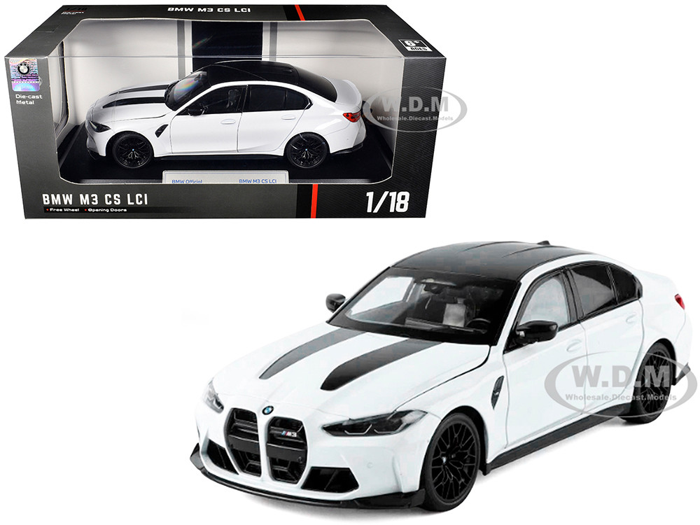 BMW M3 CS LCI White Metallic with Matt Black Top and Hood Stripes 1/18 Diecast Model Car by Heimanba diecast model