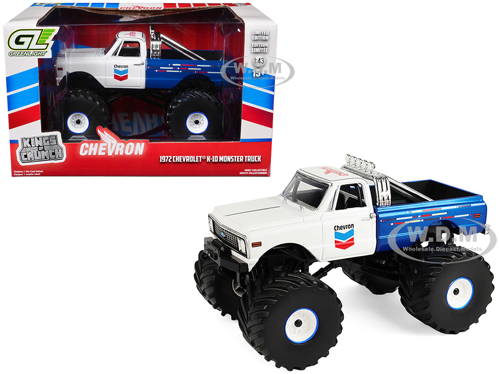 1972 Chevrolet K-10 Monster Truck "Chevron 150th Anniversary" White and Blue Metallic "Kings of Crunch" Series 1/43 Diecast Model Car by Greenlight diecast model