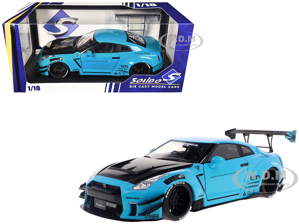 2023 Nissan GT-R (R35) Liberty Walk Body Kit 2.0 RHD (Right Hand Drive) Baby Blue with Carbon Hood 1/18 Diecast Model Car by Solido diecast model