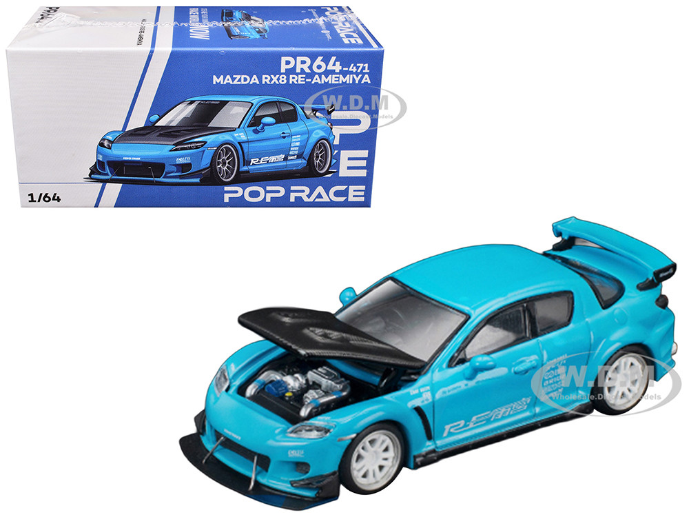 Mazda RX8 RE Amemiya RHD (Right Hand Drive) Light Blue with Carbon Hood "Tokyo Auto Salon 2026" 1/64 Diecast Model Car by Pop Race diecast model
