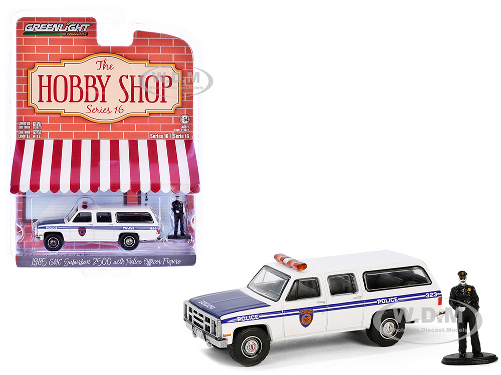 1985 GMC Suburban 2500 "New York City Transit Police Department" White with Blue Stripes and Police Officer Figure "The Hobby Shop" Series 16 1/64 Diecast Model Car by Greenlight diecast model