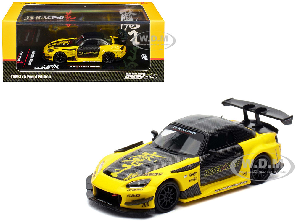 Honda S2000 RHD (Right Hand Drive) "J's Racing" Yellow with Carbon Hood and Top with Graphics "Tokyo Auto Salon Kuala Lumpur 2025 Event Edition" 1/64 Diecast Model Car by Inno Models diecast model