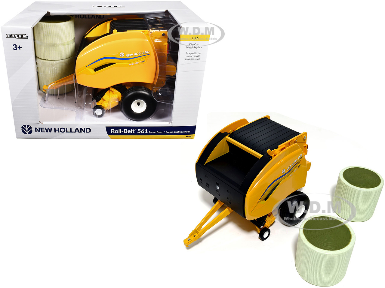 New Holland Roll-Belt 561 Round Baler Yellow with 2 Bales 1/16 Diecast Model by ERTL TOMY diecast model