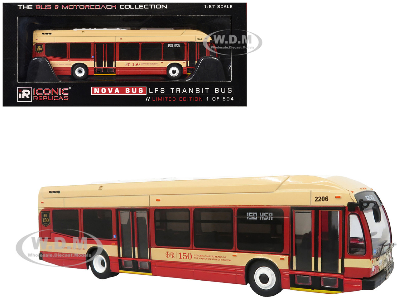 Nova Bus LFS HEV Transit Bus "Hamilton Street Railway 150th Anniversary" Cream and Red "The Bus & Motorcoach Collection" Limited Edition to 504 pieces Worldwide 1/87 (HO) Diecast Model by Iconic Replicas diecast model