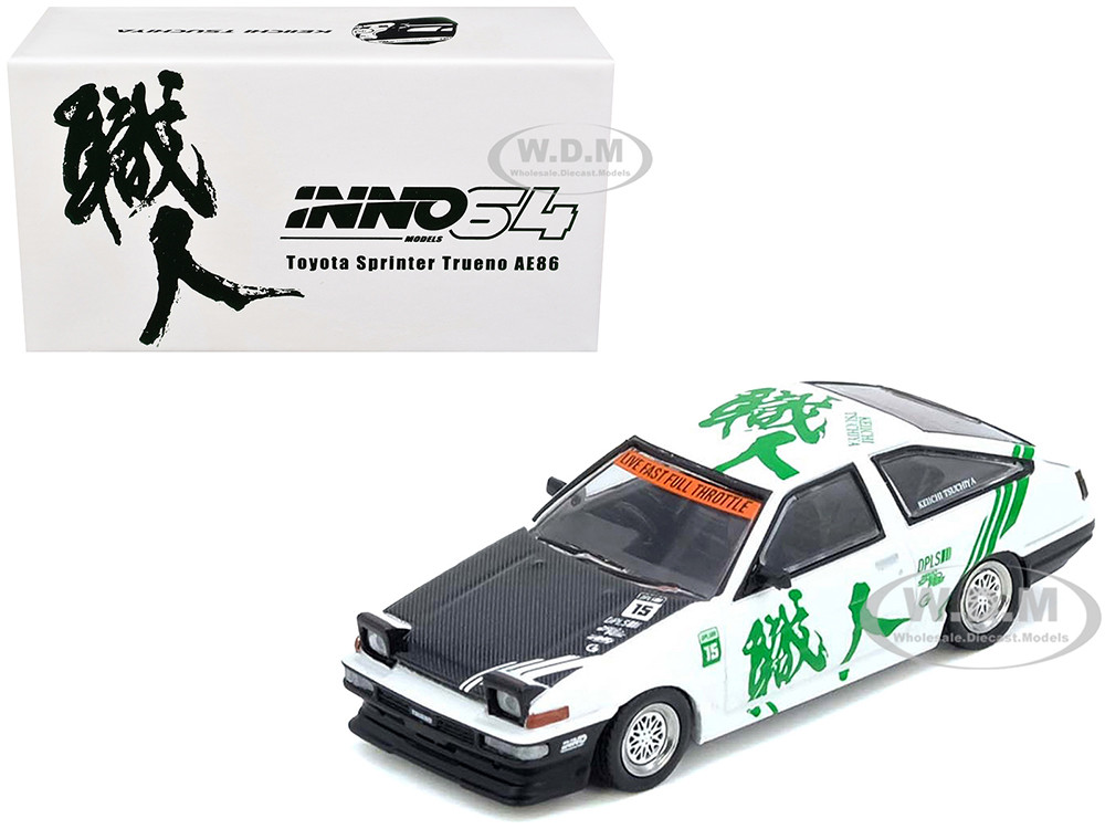 Toyota Sprinter Trueno (AE86) RHD (Right Hand Drive) #15 "Keiichi Tsuchiya" White with Green Graphics 1/64 Diecast Model Car by Inno Models diecast model