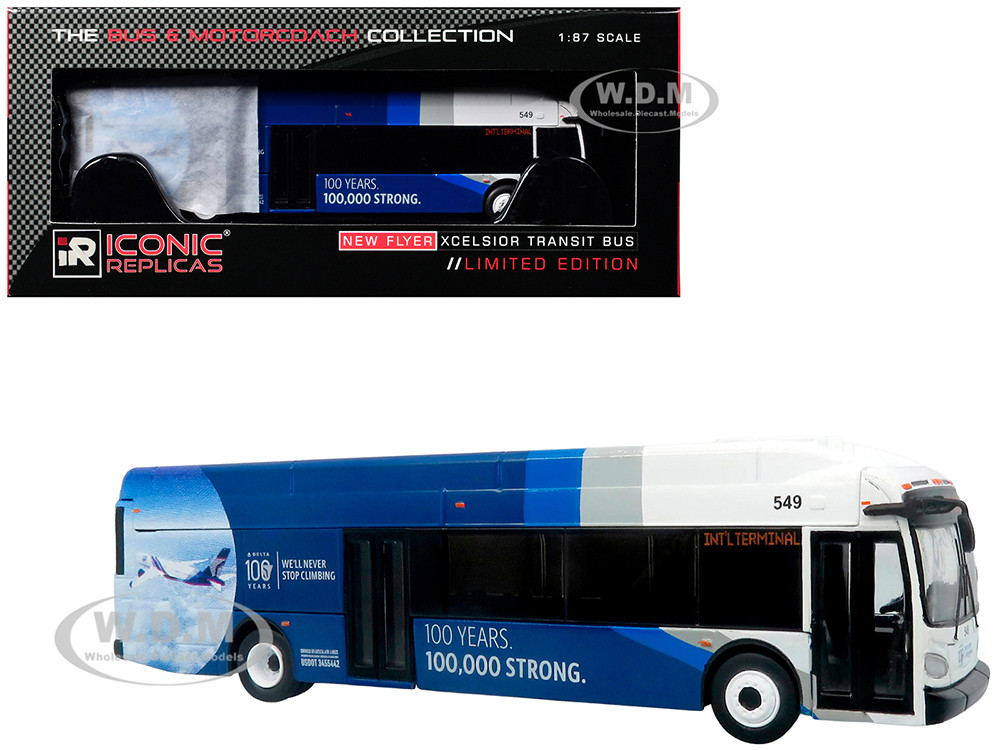 New Flyer Xcelsior XN40 Transit Bus "Delta Air Lines 100th Anniversary" Blue and White with Graphics "The Bus & Motorcoach Collection" Limited Edition 1/87 (HO) Diecast Model by Iconic Replicas diecast model