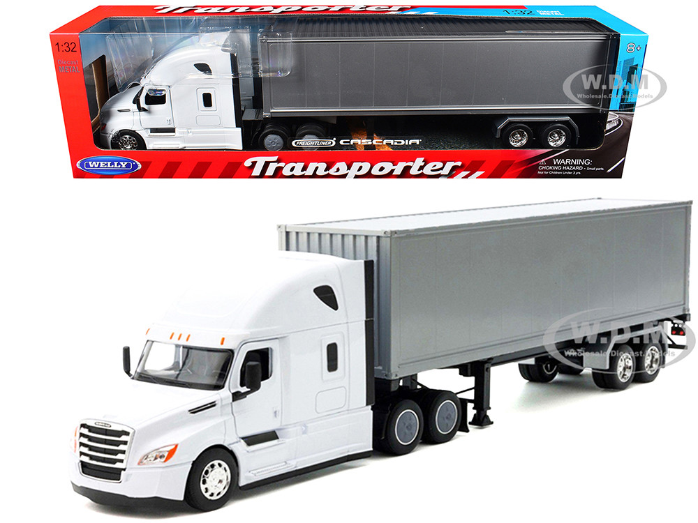 Freightliner Cascadia Truck White with Gray Container "Transporter" Series 1/32 Diecast Model by Welly diecast model