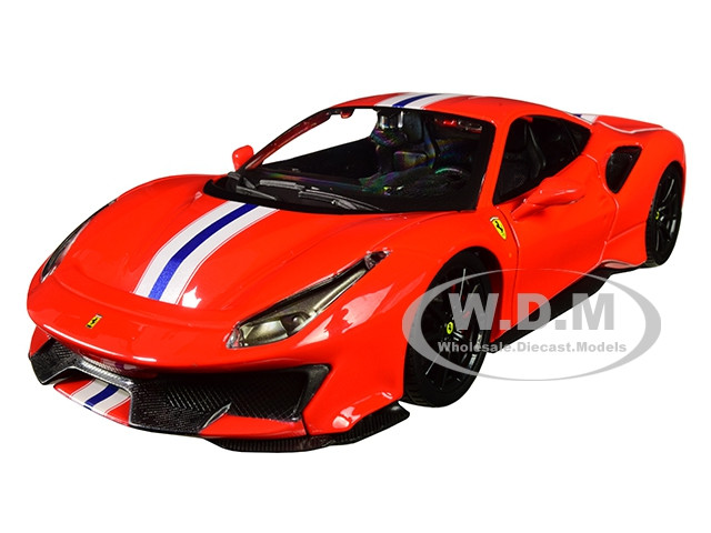 Ferrari 488 Pista Red with White and Blue Stripes 1/24 Diecast Model Car by Bburago diecast model