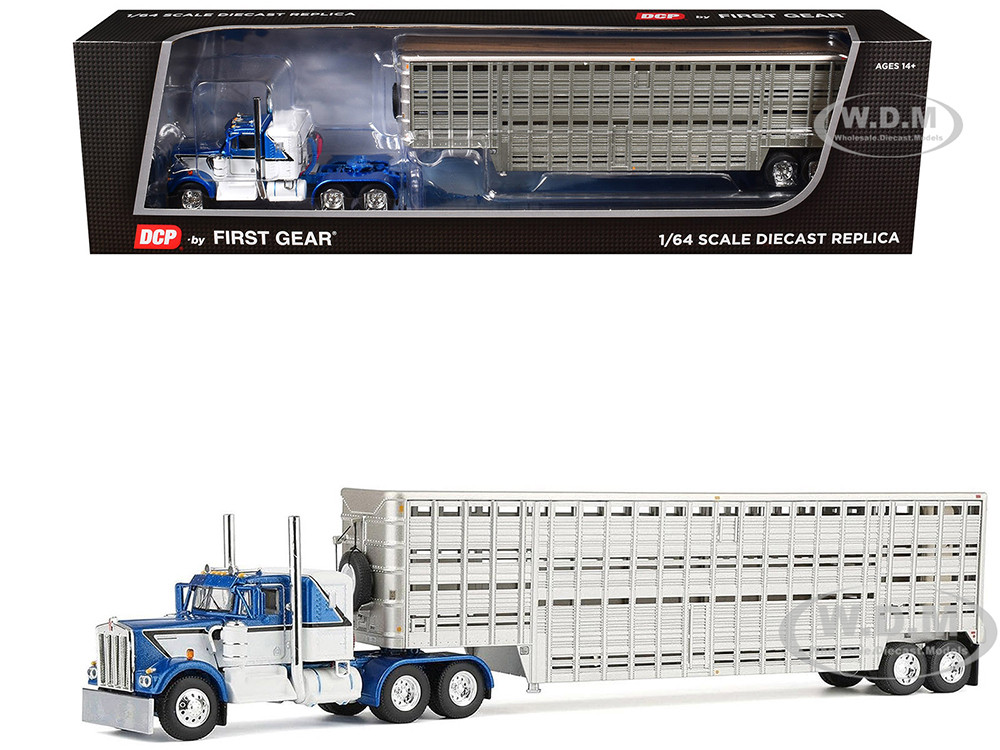 Kenworth W900A with 36" Sleeper and 45' Wilson Vintage Livestock Trailer Mariner Blue and White with Silver Trailer 1/64 Diecast Model by DCP/First Gear diecast model