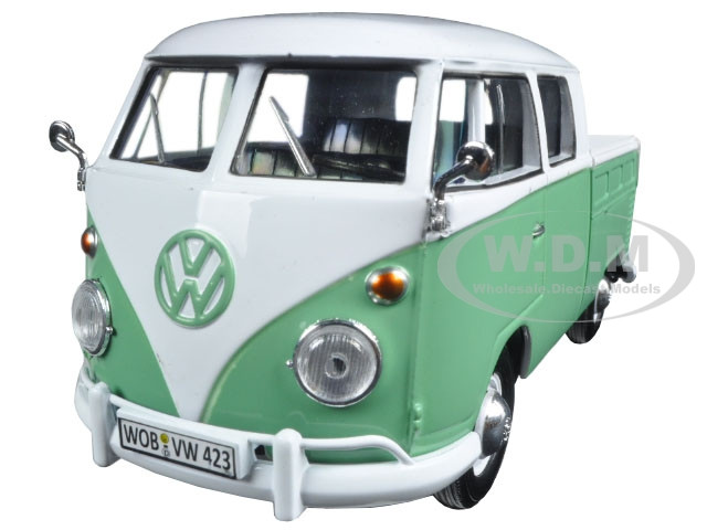 Volkswagen Type 2 (T1) Double Cab Pickup Truck White and Green 1/24 Diecast Model Car by Motormax diecast model