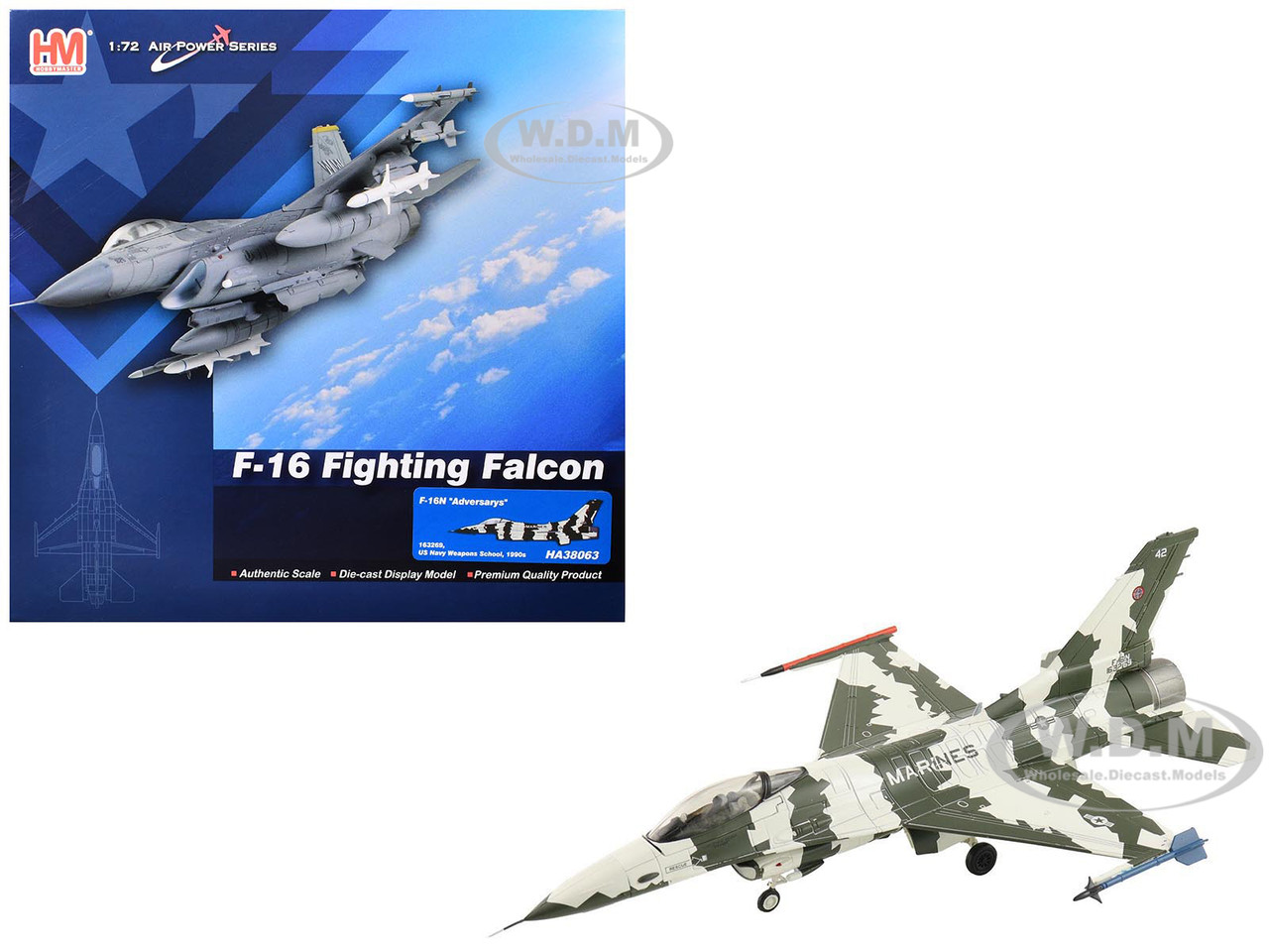 General Dynamics F-16N Fighting Falcon Fighter Aircraft "163269, U.S. Navy Fighter Weapons School" (1990s) United States Marine Corps "Air Power Series" 1/72 Diecast Model by Hobby Master diecast model