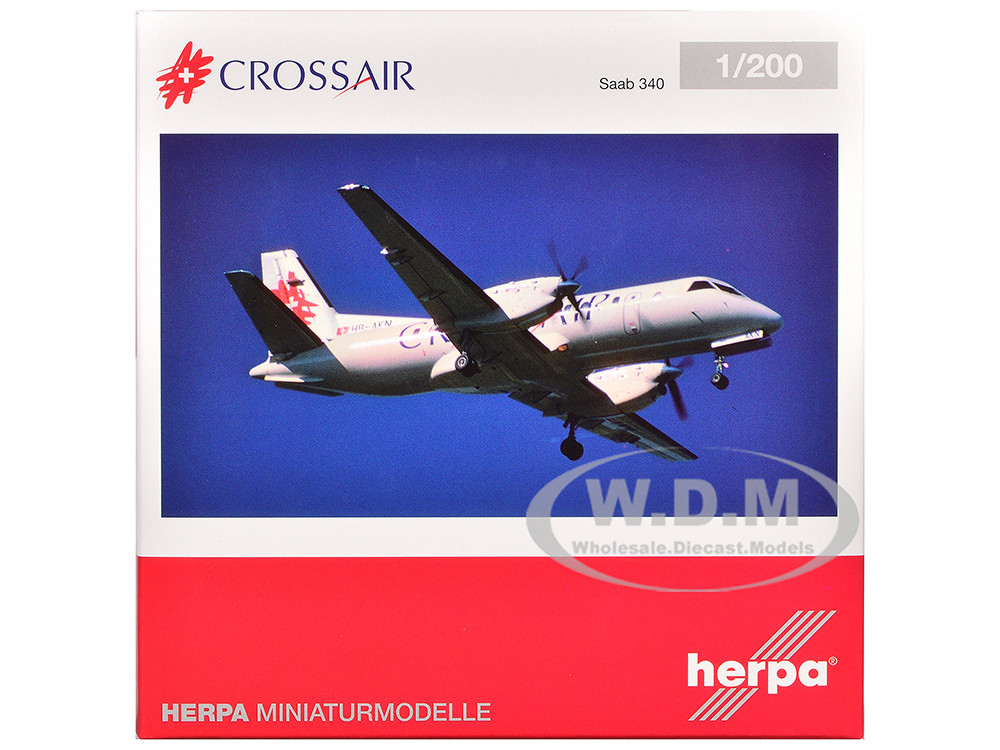 Saab 340 Commercial Aircraft "Crossair" (HB-AKN) White with Tail Graphics 1/200 Diecast Model Airplane by Herpa diecast model
