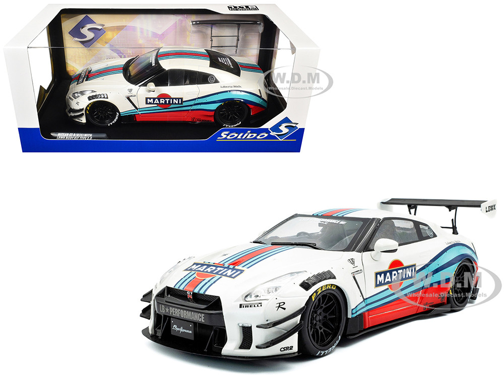 2024 Nissan GT-R (R35) RHD (Right Hand Drive) with Liberty Walk 2.0 Body Kit "Martini Racing" White with Stripes 1/18 Diecast Model Car by Solido diecast model