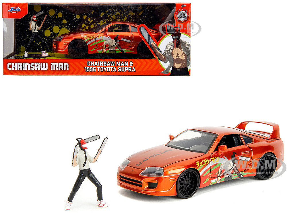 1995 Toyota Supra Orange Metallic with Graphics and Chainsaw Man Diecast Figure "Chainsaw Man" (2022) TV Series "Anime Hollywood Rides" Series 1/24 Diecast Model by Jada diecast model