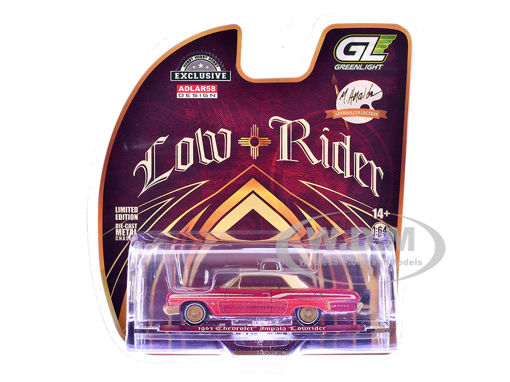 1963 Chevrolet Impala Lowrider "Michael Heralda Special Edition" Red Metallic with Cream Top and Interior with Gold Graphics "Hobby Exclusive" Series 1/64 Diecast Model Car by Greenlight diecast model