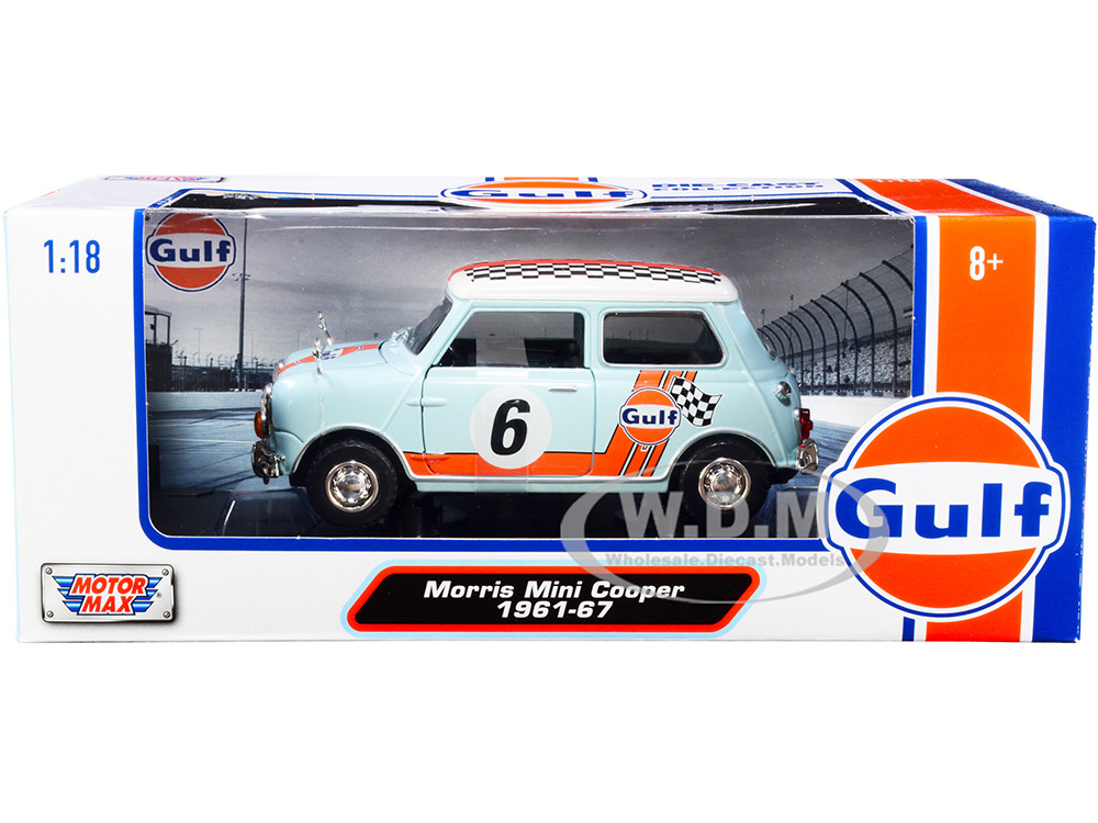 1961-1967 Morris Mini Cooper RHD (Right Hand Drive) #6 "Gulf Oil" Light Blue with Orange Stripes and Checkered Top "City Classics" Series 1/18 Diecast Model Car by Motormax diecast model