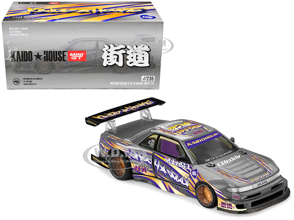 Nissan Silvia S13-R "Kaido Drift V1" RHD (Designed by Jun Imai) Gray Metallic with Graphics "Kaido House" Special 1/64 Diecast Model Car by Mini GT diecast model