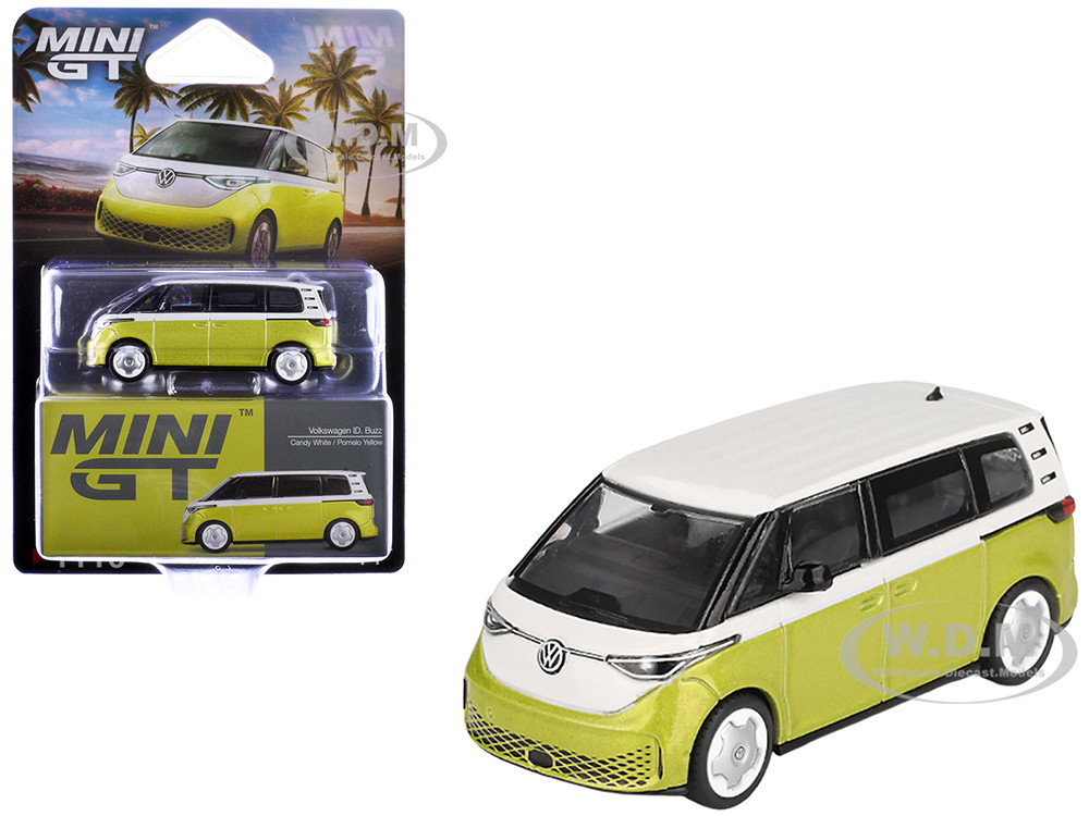 Volkswagen ID. Buzz Van Pomelo Yellow Metallic and Candy White Limited Edition 1/64 Diecast Model Car by Mini GT diecast model