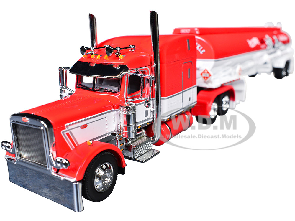 Peterbilt 389 with 63" Mid-Roof Sleeper and Heil Fuel Tank Trailer "Busted Knuckle Garage" Red and White 1/64 Diecast Model by DCP/First Gear diecast model