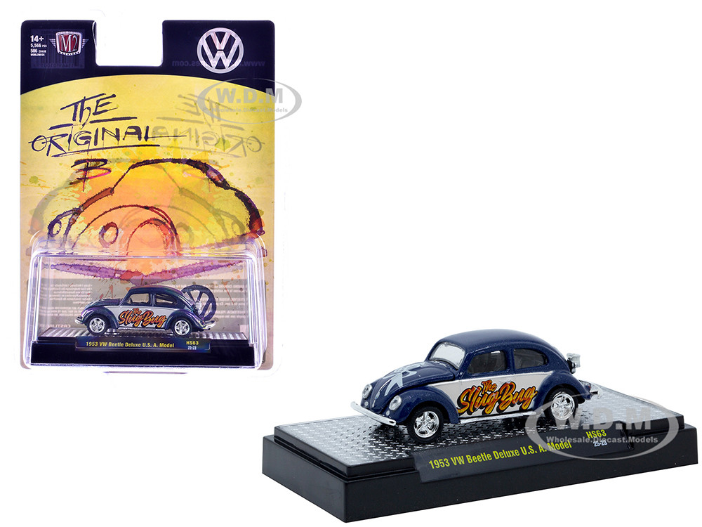 1953 Volkswagen Beetle Deluxe USA Model "The Slug Bug" Blue Metallic with White Sides Limited Edition to 5566 pieces Worldwide 1/64 Diecast Model Car by M2 Machines diecast model