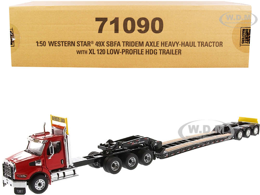 Western Star 49X SBFA Tridem Axle Heavy-Haul Tractor with XL 120 Low-Profile HDG Trailer Red and Black "Transport Series" 1/50 Diecast Model by Diecast Masters diecast model