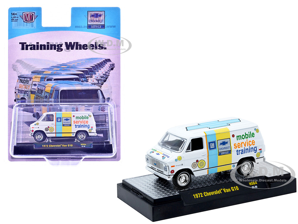 1972 Chevrolet G10 Van "Chevrolet Mobile Service Training" White with Graphics Limited Edition to 4400 pieces Worldwide 1/64 Diecast Model Car by M2 Machines diecast model