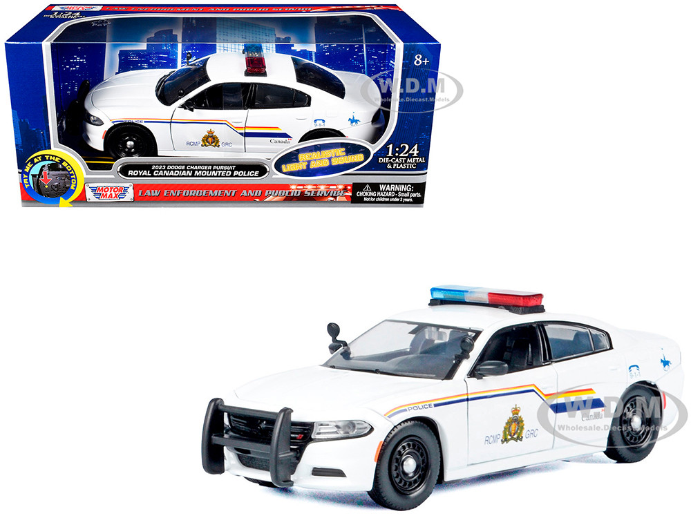 2023 Dodge Charger Pursuit Police Car "Royal Canadian Mounted Police (RCMP)" White with Flashing Light Bar and Front and Rear Lights and Sounds 1/24 Diecast Model Car by Motormax diecast model