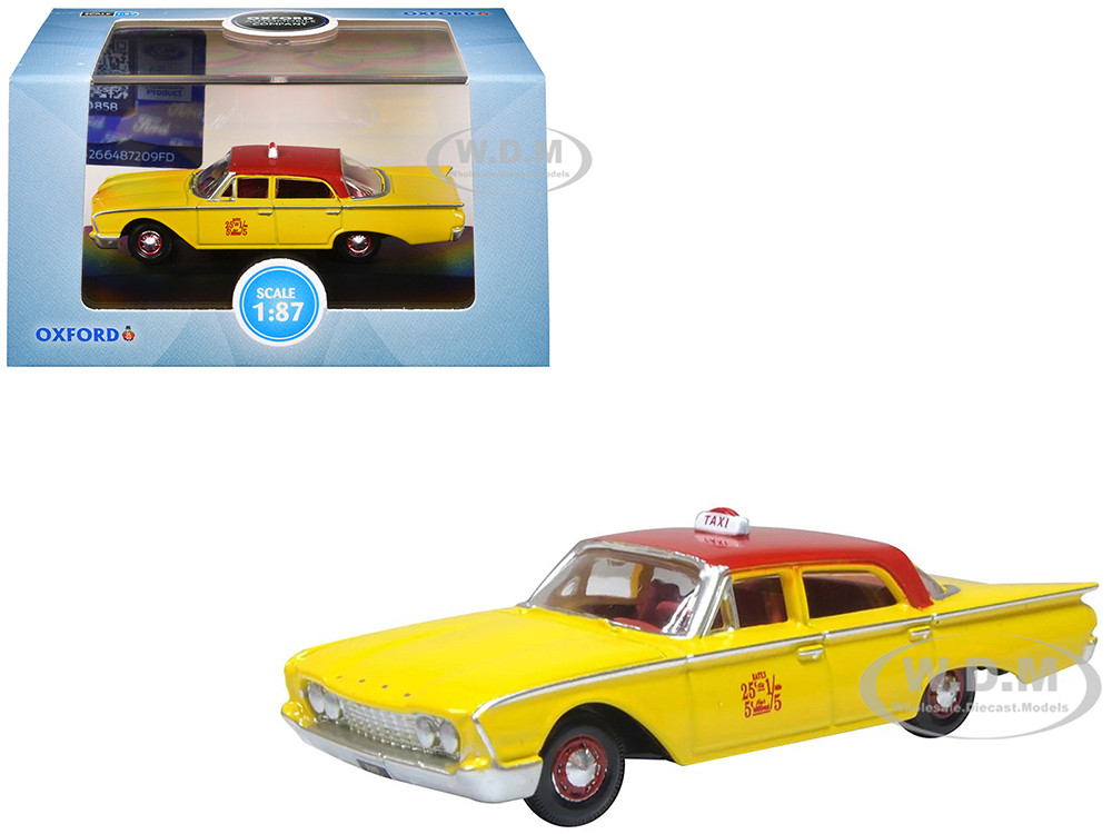 1960 Ford Fairlane Sedan "NYC Taxi" Yellow with Red Top and Interior 1/87 (HO) Scale Diecast Model Car by Oxford Diecast diecast model