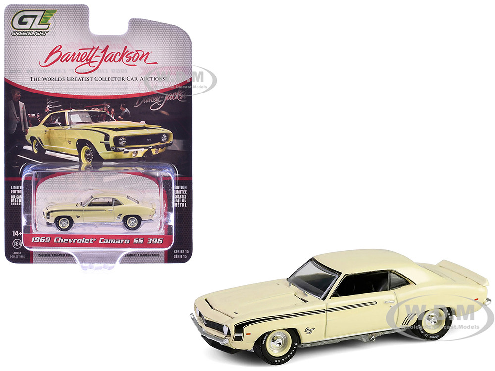 1969 Chevrolet Camaro SS 396 Butternut Yellow with Black Stripes "Barrett-Jackson" Series 15 1/64 Diecast Model Car by Greenlight diecast model