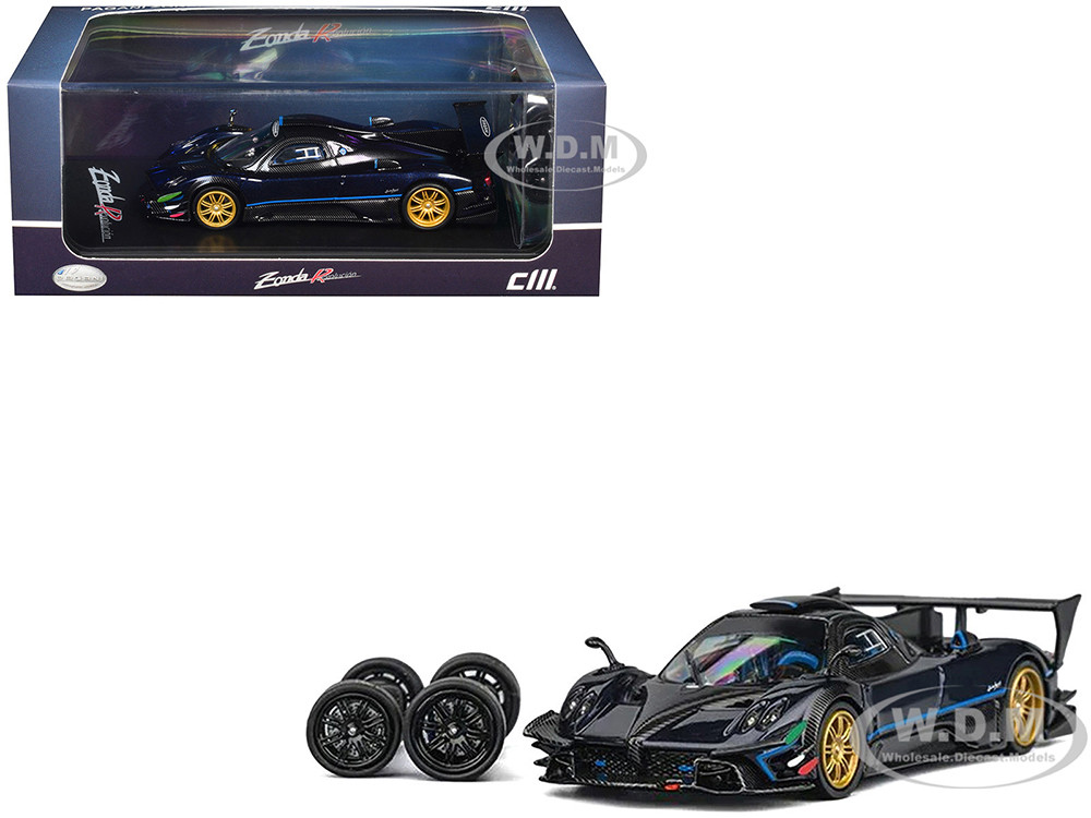 Pagani Zonda Revolucion Dark Blue Metallic and Carbon with Extra Wheels 1/64 Diecast Model Car by CM Model diecast model