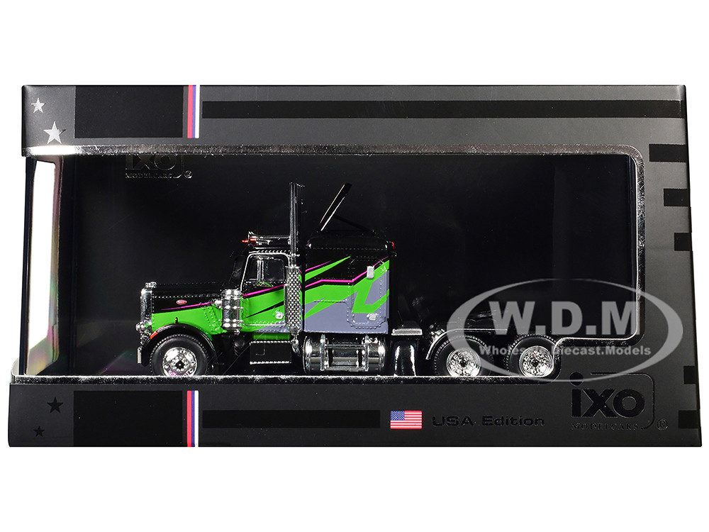 1973 Peterbilt 359 Truck Tractor Black and Lime Green with Graphics 1/64 Diecast Model by IXO Models diecast model