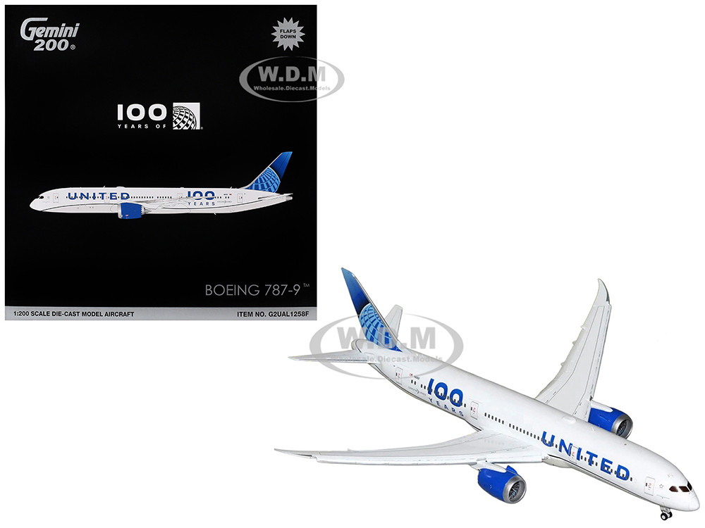 Boeing 787-9 Commercial Aircraft with Flaps Down "United Airlines 100 Years" (N61101) White with Graphics and Blue Tail "Gemini 200" Series 1/200 Diecast Model Airplane by GeminiJets diecast model