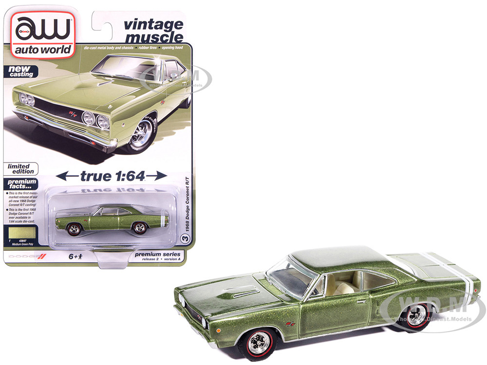 1968 Dodge Coronet R/T Medium Green Metallic with White Interior "Vintage Muscle" Series 1/64 Diecast Model Car by Auto World diecast model