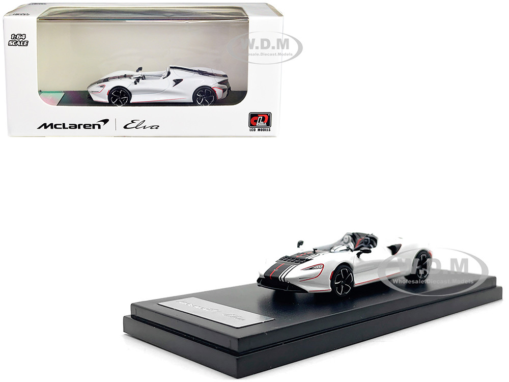 McLaren Elva Convertible White with Carbon and Red Stripes 1/64 Diecast Model Car by LCD Models diecast model