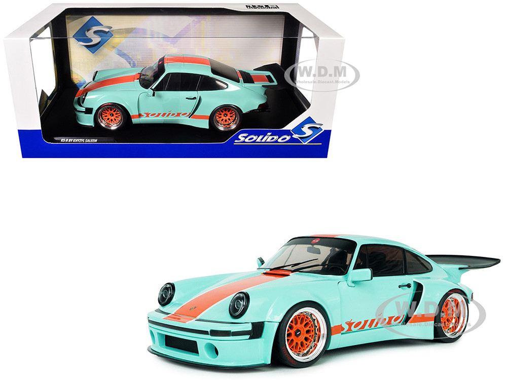 2025 Porsche 911 KS-R by Khyzyl Saleem "Blue Racer" Light Blue with Orange Stripes 1/18 Diecast Model Car by Solido diecast model