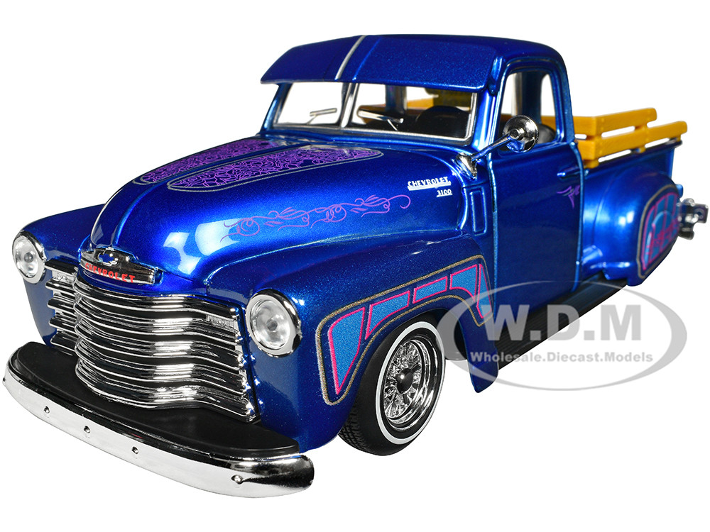 1950 Chevrolet 3100 Pickup Truck Lowrider Candy Blue with Graphics "Lowriders" Series 1/25 Diecast Model Car by Maisto diecast model