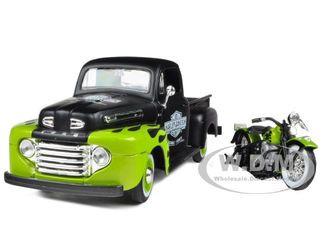 1948 Ford F-1 Pickup Truck "Harley Davidson" with 1948 Harley Davidson FL Panhead Motorcycle Black and Green 1/24 Diecast Models by Maisto diecast model