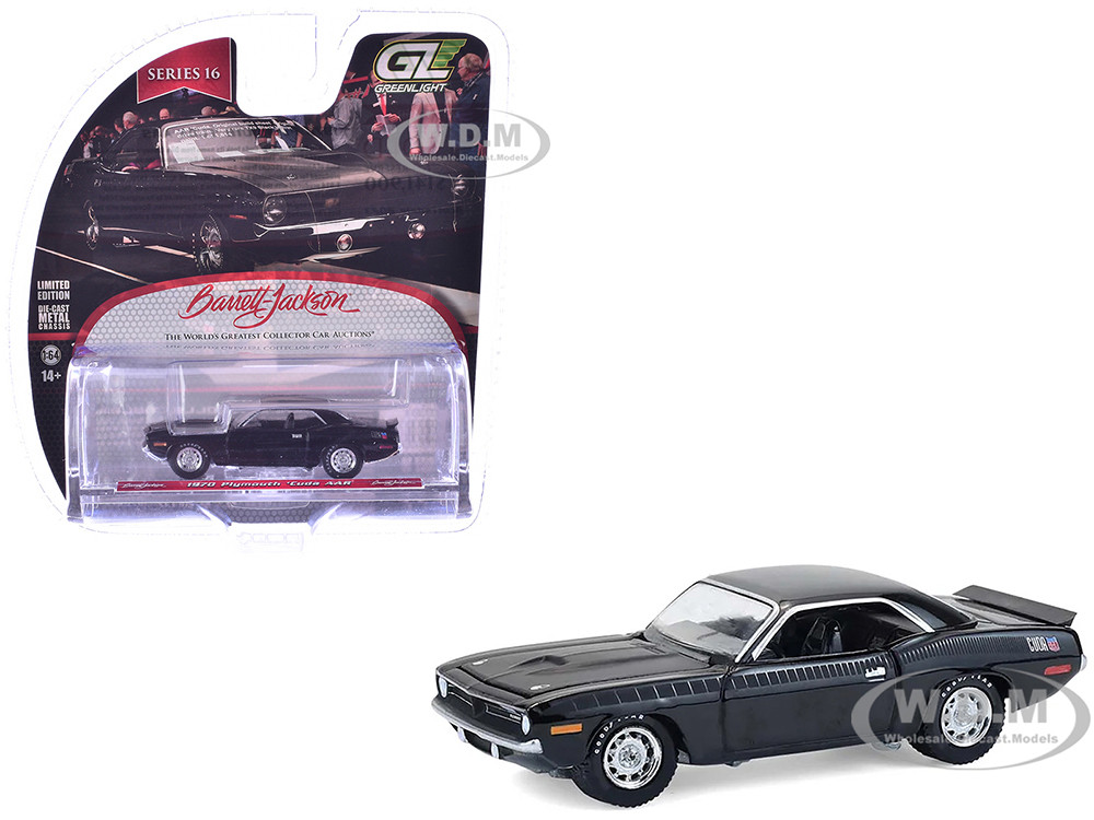 1970 Plymouth 'Cuda AAR Black with Gray Stripes "Barrett-Jackson" Series 16 1/64 Diecast Model Car by Greenlight diecast model
