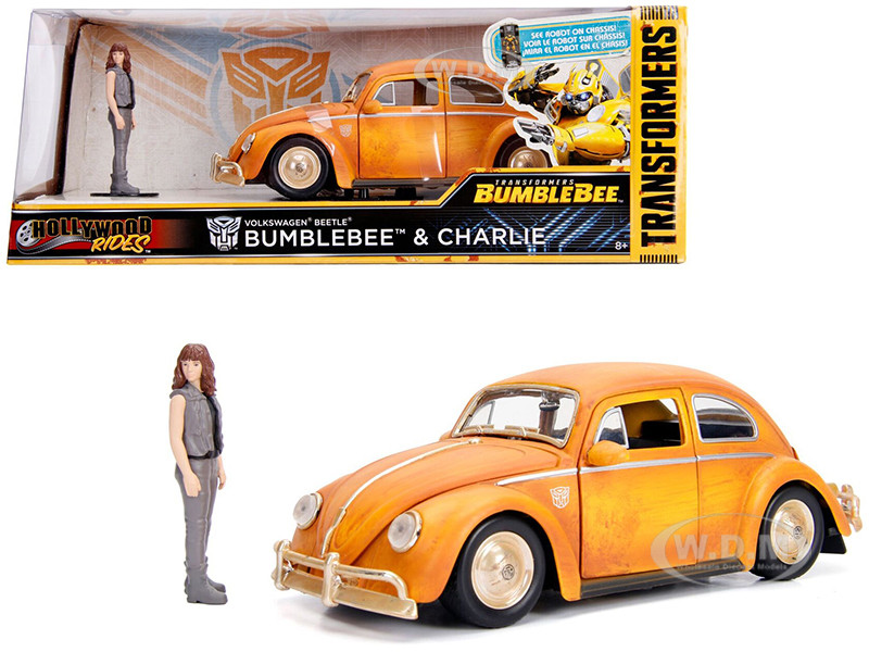 Volkswagen Beetle Weathered Yellow with Robot on Chassis and Charlie Diecast Figurine "Bumblebee" (2018) Movie ("Transformers" Series) "Hollywood Rides" Series 1/24 Diecast Model Car by Jada diecast model