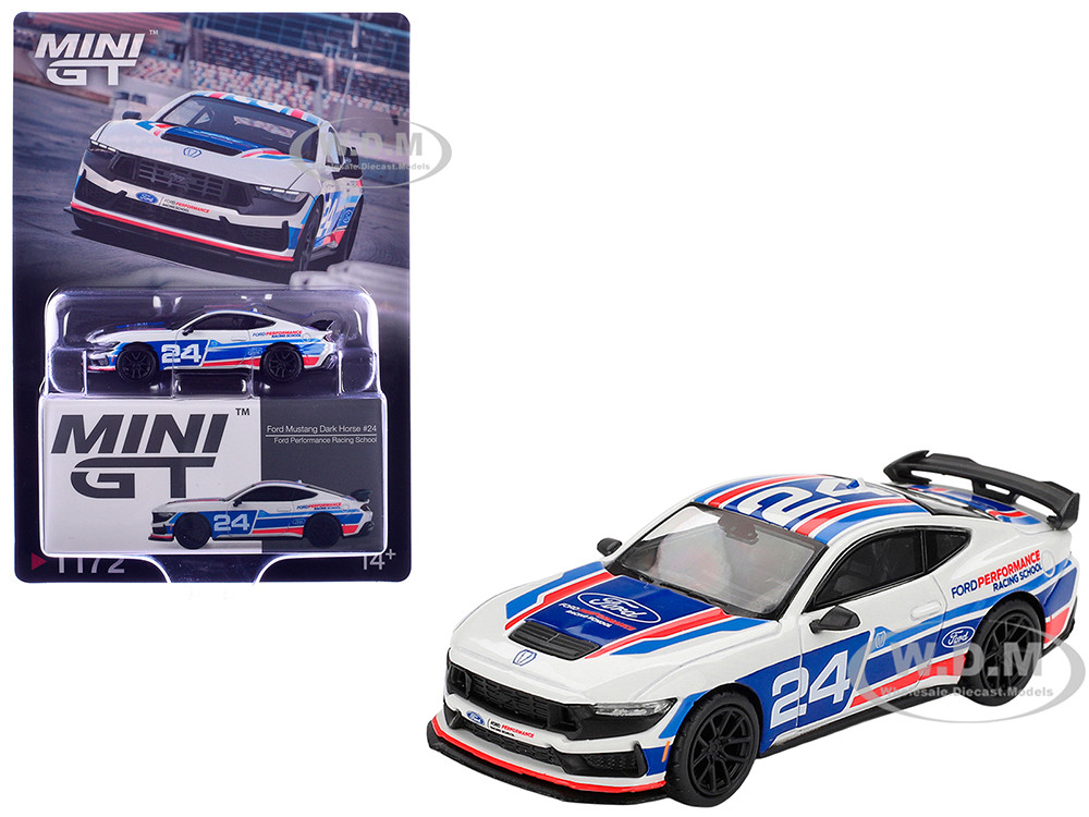 Ford Mustang Dark Horse #24 "Ford Performance Racing School" White with Red and Blue Graphics Limited Edition 1/64 Diecast Model Car by Mini GT diecast model
