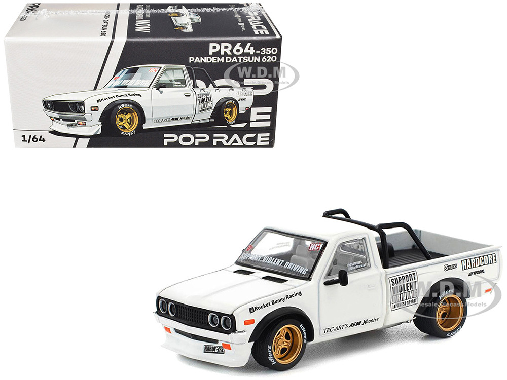 Datsun Pandem 620 Pickup Truck "Rocket Bunny Racing" White with Graphics 1/64 Diecast Model Car by Pop Race diecast model